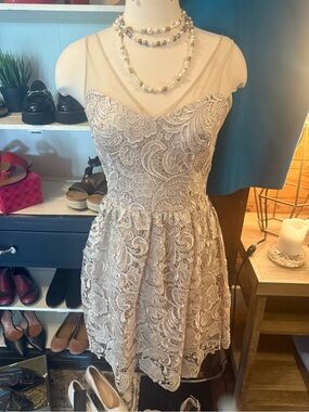 Adrianna Papell Lace Overlay Mini Dress in Light Taupe